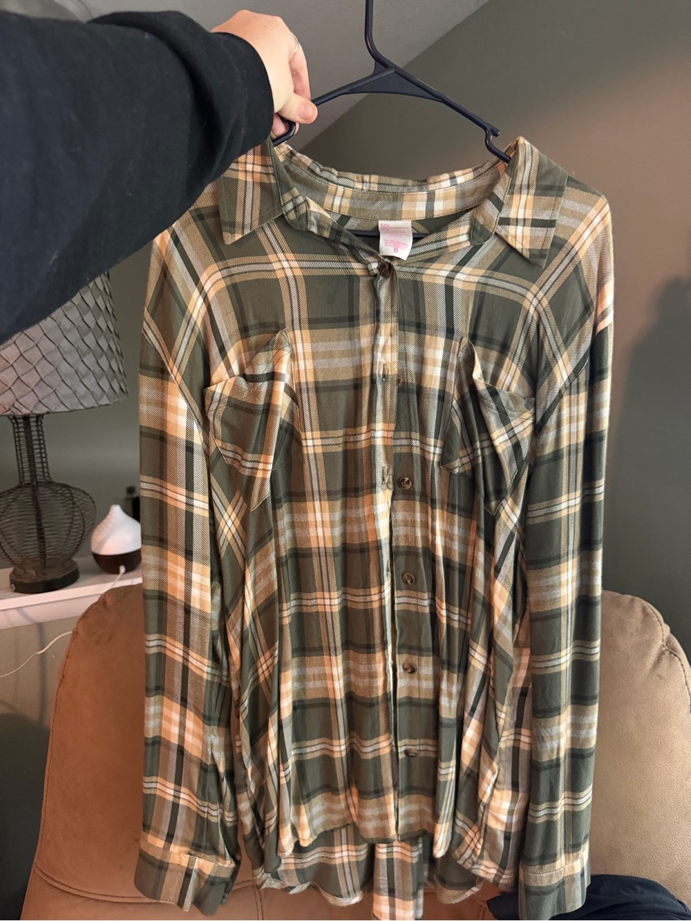 No Boundaries Olive and Tan Plaid Button-Down Shirt